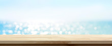 Wood Table Top On Blue Summer Sparking Sea Water Bokeh Banner Background