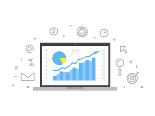 Online analytics concept line illustration. Laptop with web page graphic diagram screen and linear icon vector