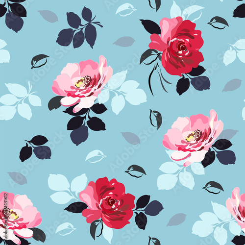 Seamless Floral Pattern With Red And Pink Roses Foliage In Black