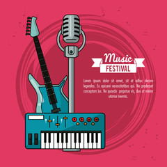 Poster - poster music festival in magenta background with electric guitar keyboard and microphone vector illustration