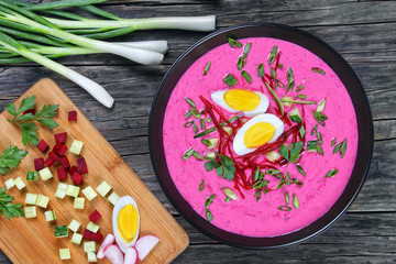 Canvas Print - Cold soup with beetroot, cucumber, scallions, egg