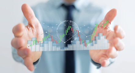 Aufkleber - Businessman using digital 3D rendered stock exchange stats and charts