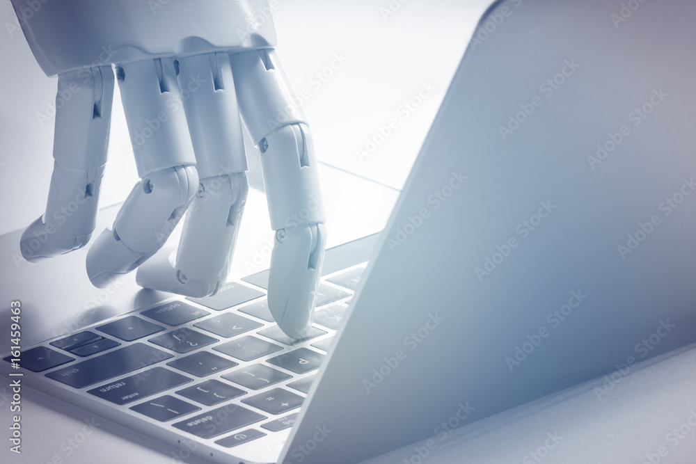 Chat bot , artificial intelligence , robo advisor , robotic concept. Robot finger point to laptop button. Blue tone. - obrazy, fototapety, plakaty 