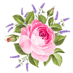 Fotomurales - Wedding flowers bouquet of color bud garland. Label with rose and lavender flowers. Vector illustration.
