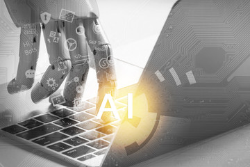 Artificial intelligence , robo advisor , chatbot , robotic concept. Robot finger point to laptop button and icon infographic with flare light effect.