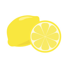 Wall Mural - Yellow lemon citrus fruit with shadow and light reflection doodle cartoon vector illustration, isolated on white background. Whole piece and slice.