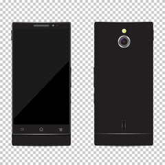 Poster - Black realistic smart phone mock up. Front side of the gadget and back with the camera. Mobile smartphone vector on a transparent background.