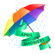 Colored realistic umbrella. Open umbrella in rainbow colors and text april showers on green ribbon. Vector illustration.