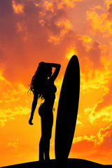 Poster - surf girl silhouette at sunset