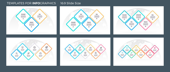 Business infographics. Presentation templates with 3, 4, 5, 6, 7, 8 connected squares. Vector infographic flowcharts, diagrams, timelines.