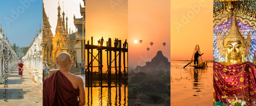 Fotografía Burma (Myanmar), panoramic photo collage, burmese symbols, Burma travel and tour