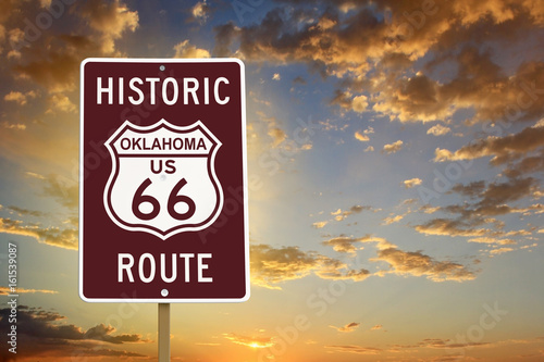 Historic Oklahoma Route 66 Brown Sign with Sunset Wallpaper Mural