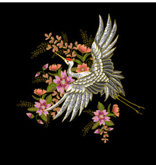 Japanese white crane and flowers. Embroidery vector.