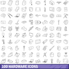 Poster - 100 hardware icons set, outline style