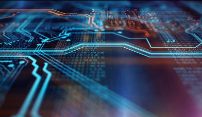 Orange,  blue technology background/Orange and blue technology background circuit board and code