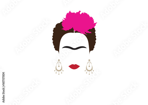 Photo portrait of Mexican or Spanish woman minimalist Frida with earrings and flowers