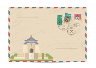 Wall Mural - Taiwan vintage postal envelope with postage stamps and postmarks on white background, isolated vector illustration. Taiwanese ancient temple. Air mail stamp. Postal services. Envelope delivery.