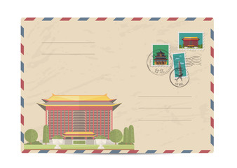 Wall Mural - Taiwan vintage postal envelope with postage stamps and postmarks on white background, isolated vector illustration. Taiwanese ancient temple. Air mail stamp. Postal services. Envelope delivery.