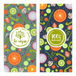 Vegan food vertical flyers set vector illustration. Fruits and vegetables, radishes, carrots, onions, orange, strawberry, mushroom, kiwi, gooseberry. Vegetarian organic natural food, healthy lifestyle