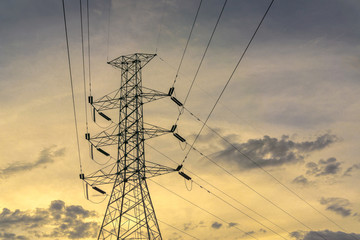 Silhouette of high voltage electrical pole structure