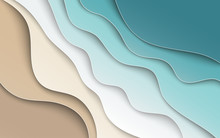 Abstract Blue Sea And Beach Summer Background With Curve Paper Waves And Seacoast For Banner, Flyer, Invitation, Poster Or Web Site Design. Paper Cut Out Art Style, Space For Text, Vector Illustration