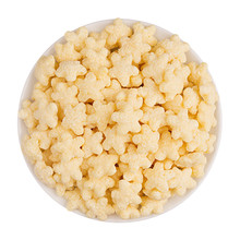 Yellow Star Corn Flakes In White Bowl Isolated, Top View.