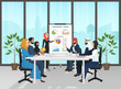 © lembergvector - Arab muslim business people group presentation in office. Arabic Businesspeople team training conference. Meeting cartoon flat Vector Illustration.