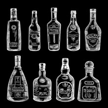 Hand Drawn Illustration Of Different Bottles Isolate On Dark Background. Vector Pictures Set