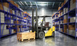 © nosorogua - Concept of warehouse The forklift in the big warehouse delivery background 3d illustration