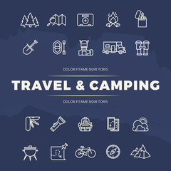 Poster - Travel and camping line icons set