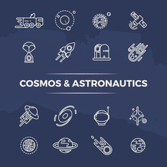 Sticker - Cosmos and astronautics line icons - planets, space, rockets line concept