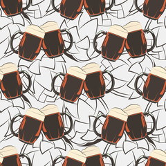 Poster - Beer seamless pattern with beer mugs and hops silhouetes