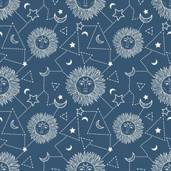 Wall Mural - Bohemian seamless pattern with sun, moon, stars and constellation. Vintage style. Gypsy and hipster vector illustration. Astronomy and astrology symbol.