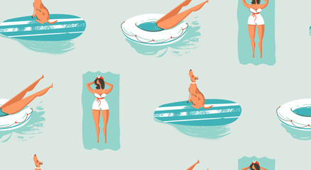 Wall Mural - Hand drawn vector abstract vintage cartoon summer time fun seamless pattern of swimming people and surfer dog on surfboard isolated on blue water background