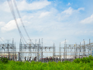 high voltage power plant and transformation station at sunset : selective focus at .barbed wire