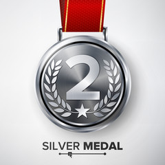 Wall Mural - Silver Medal Vector. Metal Realistic Second Placement Achievement. Round Medal With Red Ribbon, Relief Detail Of Laurel Wreath And Star. Competition Game Siver Achievement. Winner Trophy Award