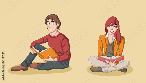 Young couple reading books. Students.