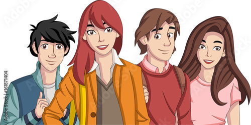 Group of cartoon young people. Teenagers.