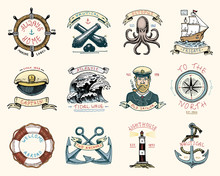 Set Of Engraved Vintage, Hand Drawn, Old, Labels Or Badges For A Life Ring, A Cannon Ball, A Captain With A Pipe. Welcome Aboard, Two Anchors, Sailor. Marine And Nautical Or Sea, Ocean Emblems.
