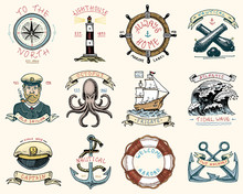 Set Of Engraved Vintage, Hand Drawn, Old, Labels Or Badges For Atlantic Tidal Wave, Lighthouse And Octopus Or Sea Creature, Frigate Or Ship. Marine And Nautical Or Sea, Ocean Emblems.