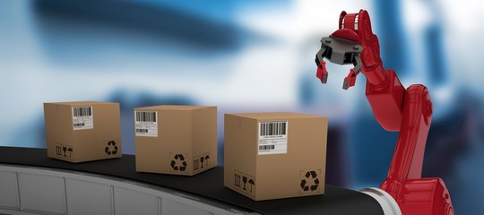 Sticker - Composite image of brown cardboard boxes on 3d production line