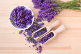 Fototapeta  - lavender blossoms / Fresh and dried  lavender flowers and bouquet with lavender
