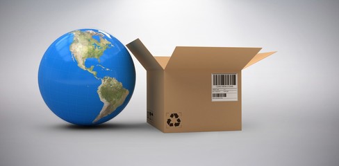 Wall Mural - composite image of 3d image of globe by cardboard box
