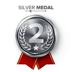 Poster - Silver 2st Place Medal Vector. Metal Realistic Badge With Second Placement Achievement. Round Label With Red Ribbon, Laurel Wreath. Winner Honor Prize. Competition Game Silver Winner Trophy Award