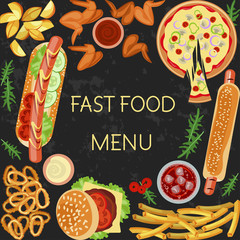 Wall Mural - Fast food menu restaurant banner template with different dishes meals and drinks. Vector illustration eps 10