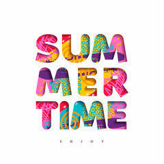 Wall Mural - Summer time multicolor quote in fun 3d paper cut style