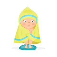 Wall Mural - Sweet cartoon baby wrapped in a yellow towel after taking a bath colorful character vector Illustration