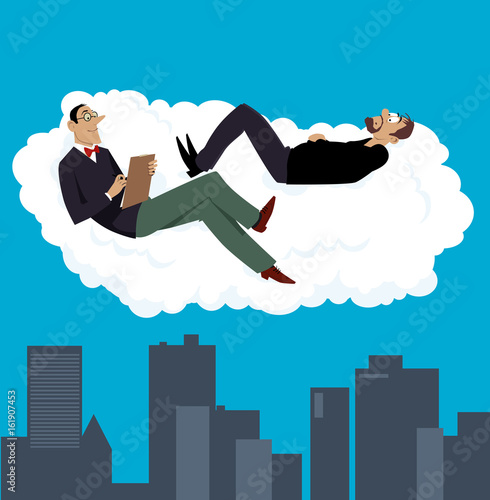 Fotografia, Obraz Psychiatrist having a therapy session with his patient on a cloud above a city,