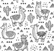 Contour seamless pattern with alpaca and cactuses. Coloring book page