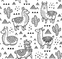 Contour Seamless Pattern With Alpaca And Cactuses. Coloring Book Page